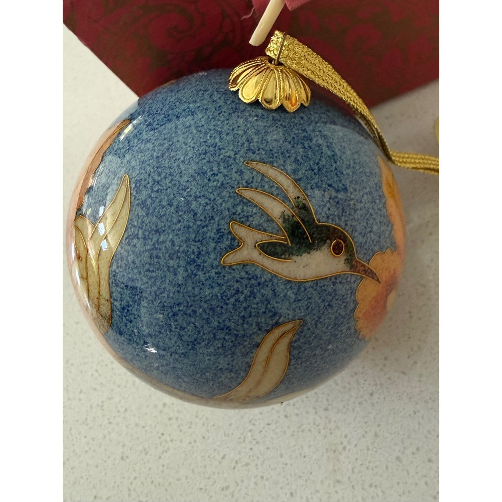 Cloisonne Hummingbird Floral Enamel Christmas Ornament Blue Gold with Box